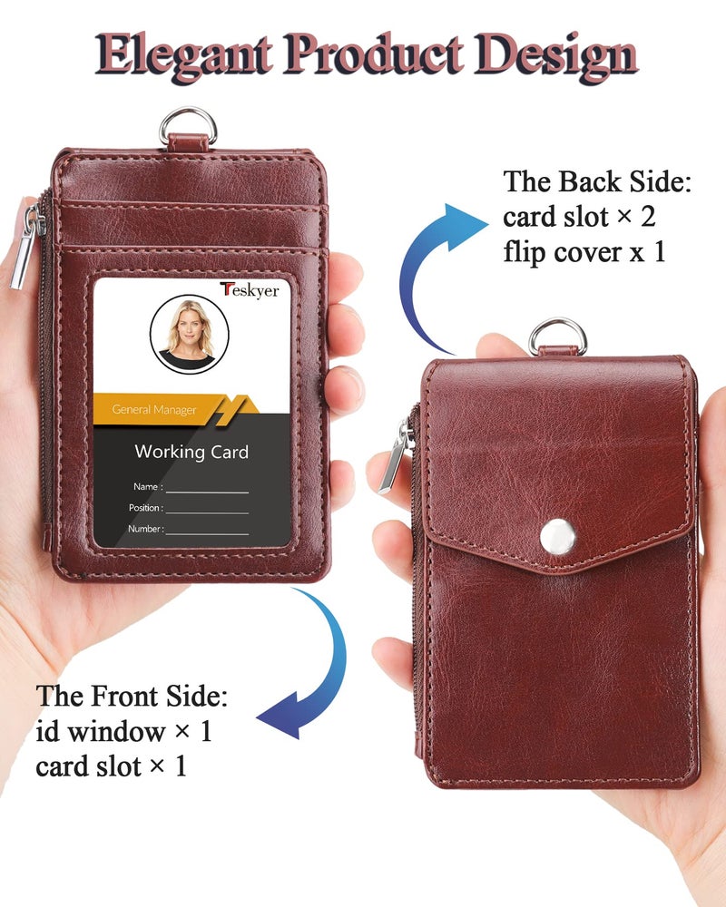 Teskyer Badge Holder with Side Zip Pocket, Multiple Card Slots Leather ID Holder Wallet with Neck Lanyard for Office Staffs, Teachers/Students, Couriers, Workers, Brown - Image 4